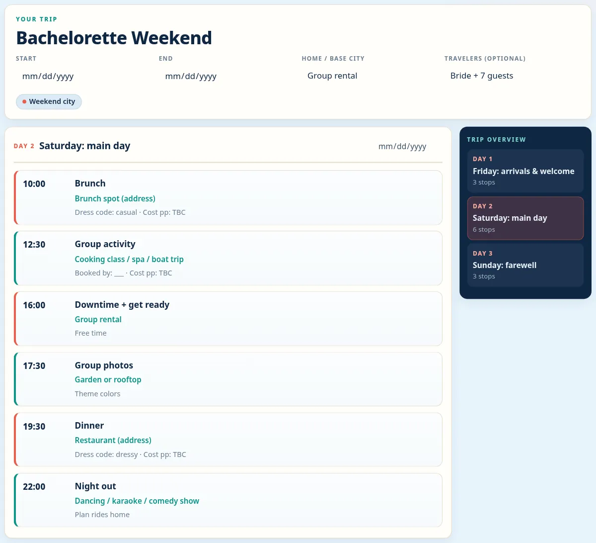 Filled bachelorette weekend itinerary with brunch, group activity, dinner and night out